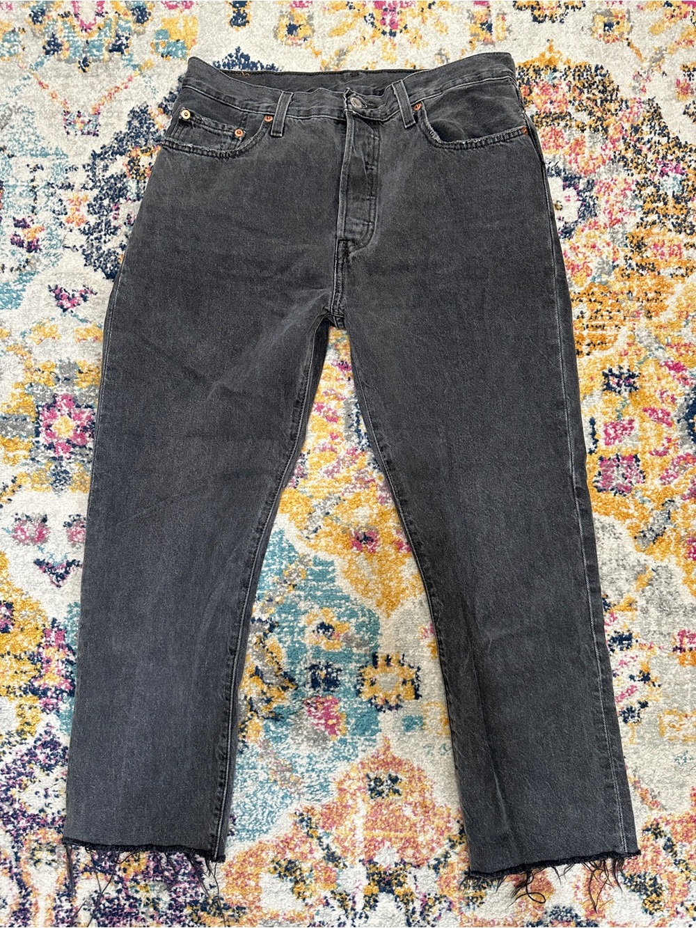 Levi's 501 Original Cropped Jeans Washed Black Raw Hem Straight Size 29